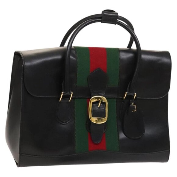 Gucci Handbags - GUCCI Web Sherry Line Boston Bag Leather Gold Black Red